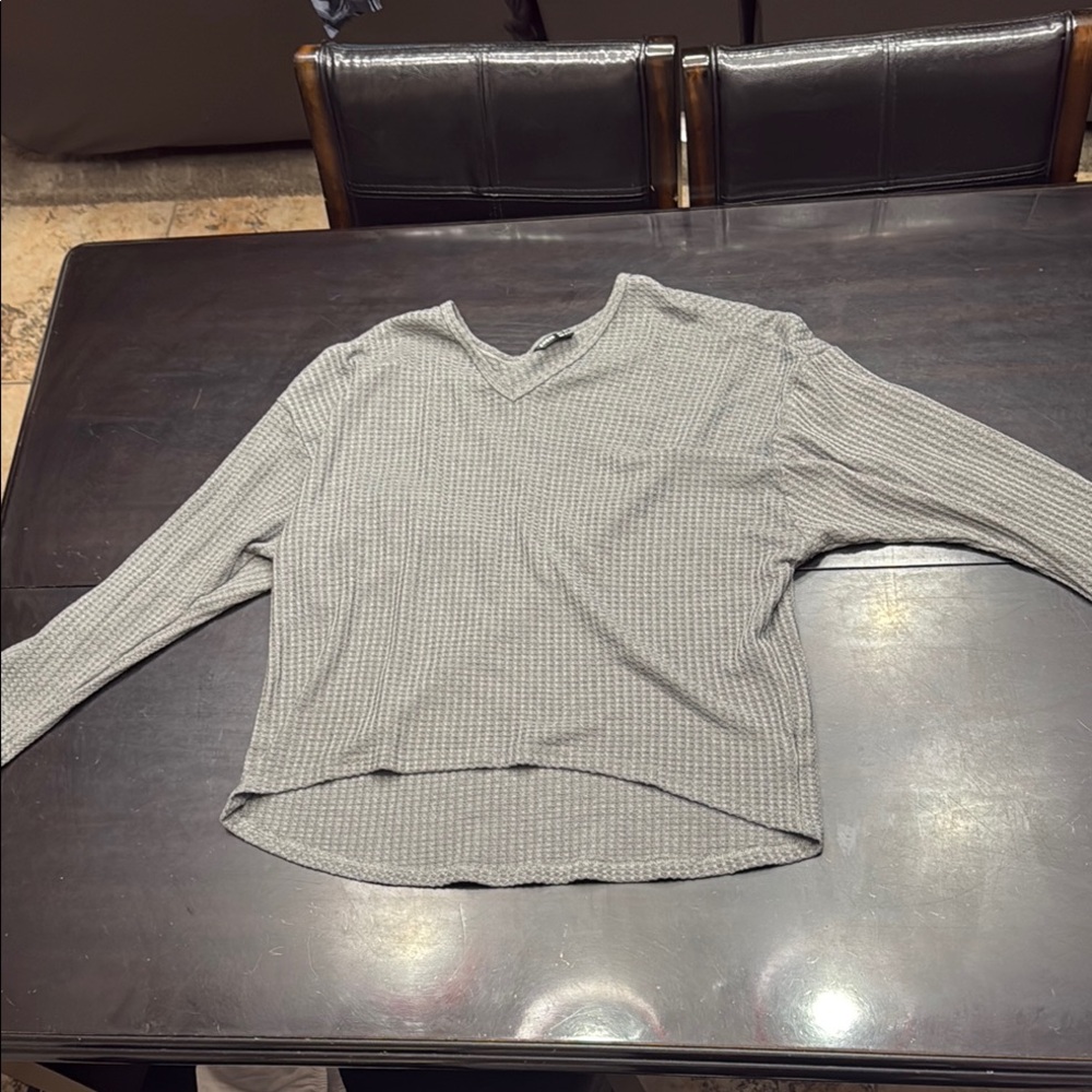 Gray V-Neck Waffle Knit Sweater